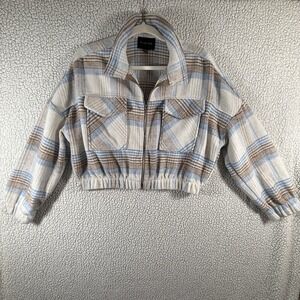 Timing Crop Top Flannel Shacket Jacket Sz L Elastic Waist Zip thick, soft flanne